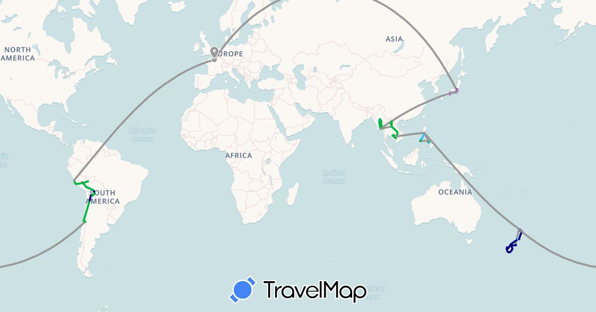 TravelMap itinerary: driving, bus, plane, train, hiking, boat in Bolivia, Chile, France, Japan, Cambodia, Laos, Myanmar (Burma), New Zealand, Peru, Philippines (Asia, Europe, Oceania, South America)